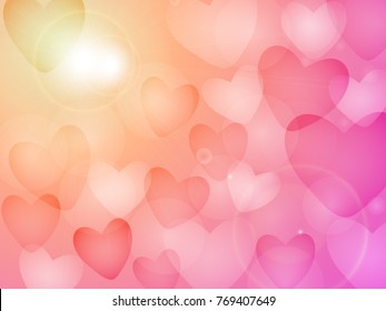 Sweet and beautiful background vector and illustration for Valentine, Love and wedding concept with soft white color heart and pastel pink, orange and yellow color background with flare light