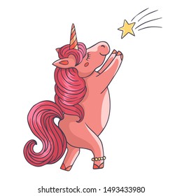 Sweet and beautiful cartoon vector illustration of a pinky  unicorn catching a fallen star. Great print for t-shirts, stickers, greeting cards and baby shower