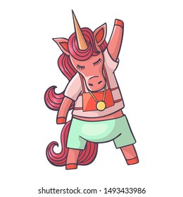 Sweet and beautiful cartoon vector illustration of a pinky  baby unicorn raising hand. Great print for girlish t-shirts, stickers, greeting cards and goods for children.
