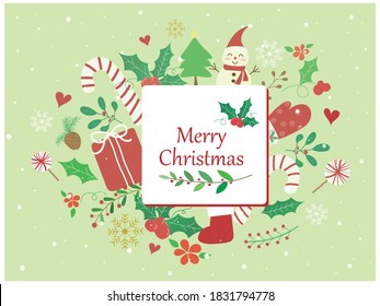 Sweet and beautiful Christmas background with candy cane, give box,mistletoe, snowman and text Merry Christmas on pastel green wallpaper. Cute vector art with snowfall for xmas and new year design.