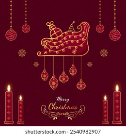 A sweet and beautiful festive greeting of merry christmas. Elegant Christmas Sleigh and Candlelight in red background