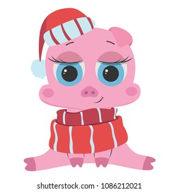 Sweet beautiful piggy with big eyes sitting in a New Year red hat and scarf