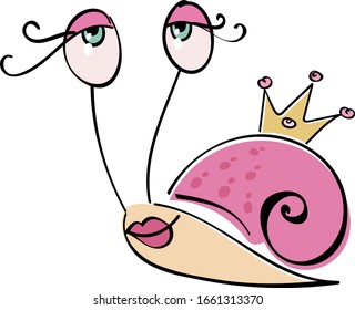 Sweet and beautiful queen snail with a pink make-up and crown on the shell, Vector illustration, Grouped objects and separate layers, EPS10 suitable for emoticon, stickers
