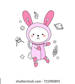 sweet beautiful rabbit in helmet and astronaut suit flies in space surrounded by rocket, satellite, planets, stars. childish isolated hand drawn vector for t-shirts, phone case, mugs, wallpaper etc.