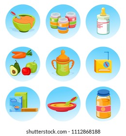 Sweet, Beautiful Stylish Baby Food, Useful, Healthy Food. Porridges, Milk, Mix, Fruit, Juice, Nipple, Bottle With Pipette. Modern Vector Flat Design Image Isolated On Blue Circles Icons  On White Back