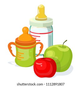 Sweet, beautiful stylish baby food two bottles transparent and green of pipettes, juice, milk, a mixture, two apple, red, green. Modern vector flat design image isolated on white background