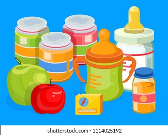 Sweet, beautiful stylish baby food, baby, mix, porridge, fruit, useful nutrition. Modern vector flat design image isolated on blue background. 