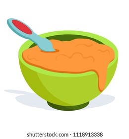 Sweet, beautiful stylish baby food  colored bowls, green color, inside porridge, baby mix, fruit puree. Modern vector flat design image isolated on blue background