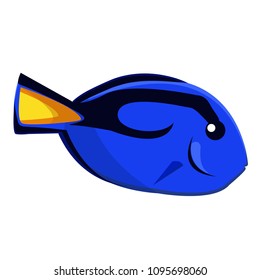 Sweet, beautiful, wild, sea blue fish Paracanthurus. Blue fish with black stripe, black tail yellow spot, small swimmers. Modern vector flat design image isolated on white background, ocean, exotic