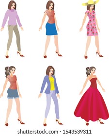 Sweet beautiful young woman with various fashion style dress, fashionable woman set, isolated on white -  vector