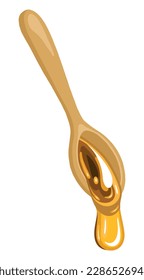 Sweet bee honey on a wooden spoon.  Liquid bee honey. Sweet transparent honey on a spoon. Golden honey and wooden spoon. Vector illustration