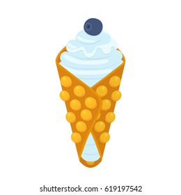 Sweet belgian waffle with blueberry for breakfast. Made in cartoon flat style. Restaurant meal with maple syrup.