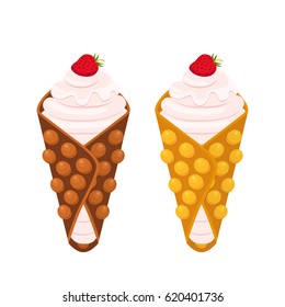 Sweet belgian waffle with strawberry for breakfast. Made in cartoon flat style. Restaurant meal with maple syrup.