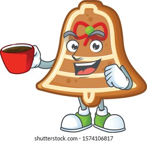 Sweet bell cookies cartoon character with a cup of coffee