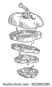  Süßer Glockenpfeffer mit fliegenden Scheiben. Vintage Vektorschraffur mit schwarzer Illustration. Einzeln auf weißem Hintergrund. Handgezeichnetes Design