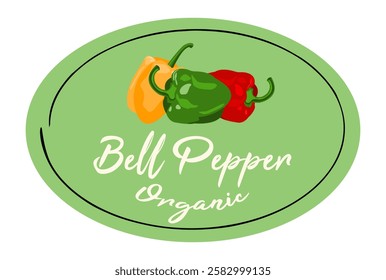 Sweet Bell pepper oval logo sticker. Oval label with color bell peppers on light green background. Ready design for packaging tag. Seasonal badge for your product.