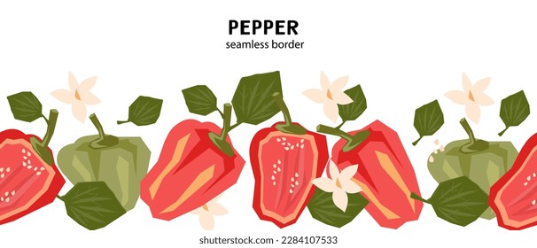 Pimienta de campana dulce o paprika humedal sin soldadura de diseño de vectores de borde aislado en blanco. Pimientos con hojas y flores en un fondo repetible y sin fisuras para paquetes de alimentos e impresiones de cocina