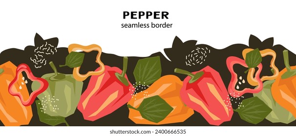 Sweet or bell pepper seamless border background design, hand drawn trendy vector illustration isolated on white background. Bell pepper loopable endless frame for food labels and textile print.
