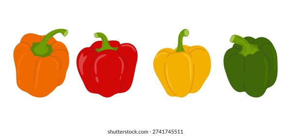 Sweet bell pepper set in orange, yellow, green and red colors. Fresh colorful vegetables for culinary and design projects. Flat vector illustration.