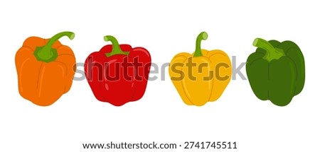 Sweet bell pepper set in orange, yellow, green and red colors. Fresh colorful vegetables for culinary and design projects. Flat vector illustration.