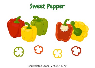 Juego de pimiento dulce Ilustración vectorial con pimientos enteros y rebanadas.eps