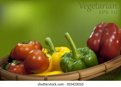 Sweet bell peppers and tomato prepare to cook in bamboo basket,Vector design for vegetarian food, EPS10 