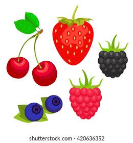 Sweet berries isolated on white background. Vector icons set. Illustration with strawberry, cherry, raspberry, blackberry and  blueberry