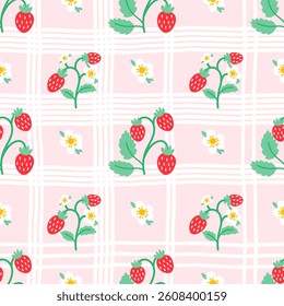 Sweet berries seamless pattern with wild strawberry and gingham background in soft pastel tones. Great for textile prints, summer products, and minimal romantic themes