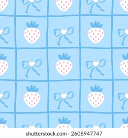 Sweet berries seamless pattern with wild strawberry and gingham background in soft pastel tones. Great for textile prints, summer products, and minimal romantic themes