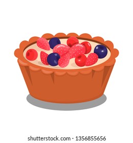 Sweet Berry Baking Cartoon Vector Illustration. Delicious Cheesecake Color Drawing. Tasty Tart with Strawberries, Blueberries and Cherry. Pastry Shop, Confectionery, Bakery Isolated Design element