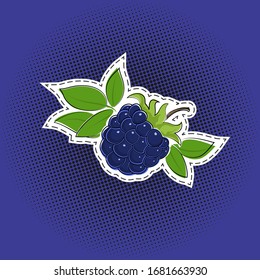 Sweet berry blueberries sticker on a purple violet pop art halftone background, black dots in the form of a circle , pins or patches, retro style, vector illustration