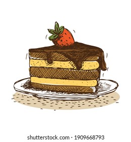 Sweet berry cake with chocolate on plate doodle vector illustration