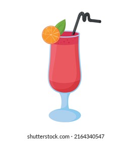 Sweet berry cocktail with a straw and slice of orange isolated on white background. Flat vector illustration