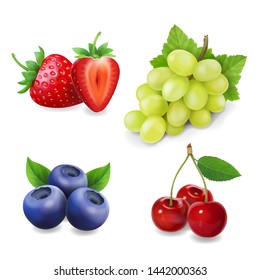 Sweet berry collection. Grape, strawberry, blueberry, cherry Realistic illustration vector icon set.