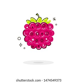 Sweet berry in doodle style isolated on white background. Vector cute icon. Concept art illustration with red raspberry can be used for logo, poster, banner, t-shirt print, emblem, sticker