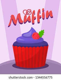 Sweet Berry Muffin Cartoon Vector Illustration. Tasty Dessert Poster with Lettering. Delicious Cupcake with Glaze and Razz. Pastry Shop, Confectionery, Bakery Color Web Banner Layout