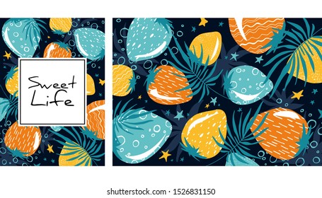 Sweet berry pattern. Summer strawberry design. Creative background. Design for notebook, cover, wallpaper, fabric. Sale banner or text area for another information