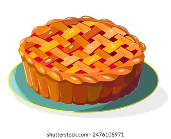 Sweet berry pie Cartoon isolated baked round tart with red jam. whole homemade cake baked round braided pie ruddy on plate