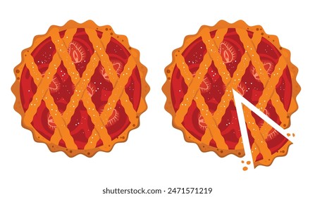 Sweet berry pie and slice, top view vector illustration. Cartoon isolated baked round tart with red jam and lattice of crust dough, sliced whole homemade cake and cut portion of pie triangle piece