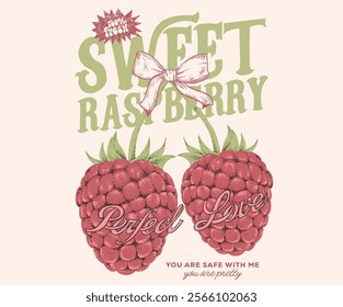 Sweet berry. Raspberry fruit artwork. Organic food artwork for for t-shirt. Organic farm poster design. Raspberry art. Fresh Raspberry fruit print. Nature fruit club print design.