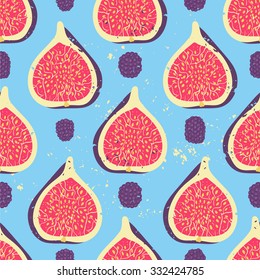 Sweet berry seamless pattern with blackberries and figs. Vector illustration. Fruit background.