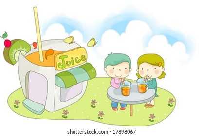 Sweet  beverage with Cute Friends - enjoying relaxed lifestyle with lovely and happy young couple in outdoor cafe on spring vacation background with beautiful white cloud : vector illustration