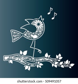 Sweet bird chirping on a tree branch. Openwork greeting card. Vector template for laser cutting.