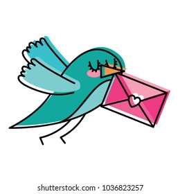 sweet bird with envelope message in beak cartoon