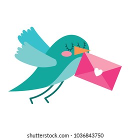 sweet bird with envelope message in beak cartoon