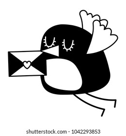 sweet bird with envelope message in beak cartoon