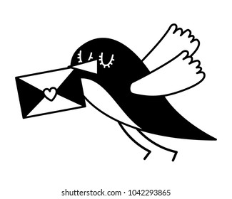 sweet bird with envelope message in beak cartoon
