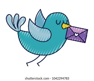 sweet bird with envelope message in beak cartoon