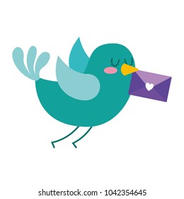 sweet bird with envelope message in beak cartoon vector illustration