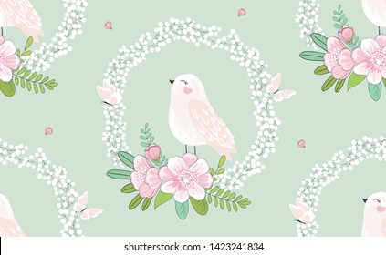 Sweet bird with flowers seamless pattern design